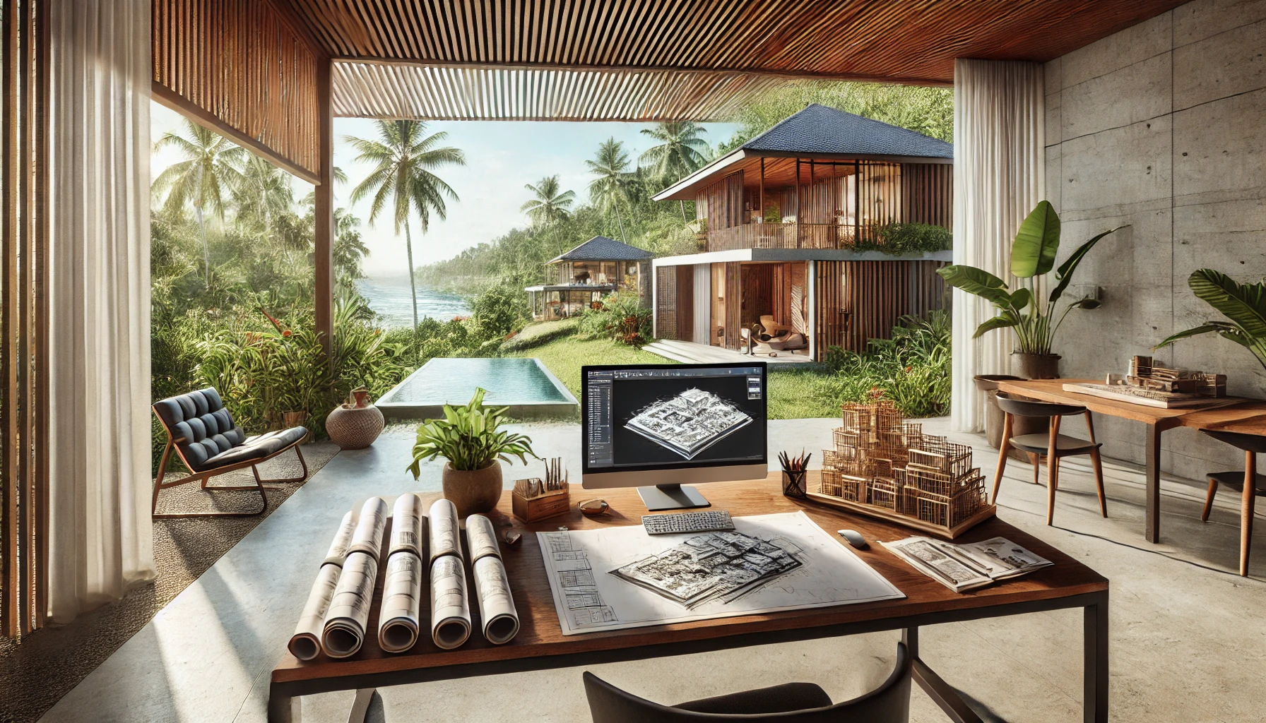 Modern architectural workspace in Bali with tropical plants, traditional Balinese wooden carvings, and a view of lush palm trees through large windows.